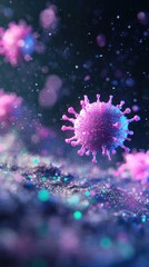 Colorful virus particles suspended in a dark, blurred background create a captivating microscopic view of viral structures