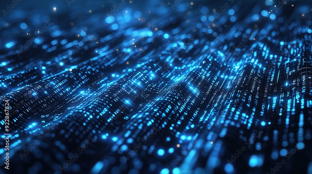 Poster digital wave: abstract close-up of a dynamic blue digital landscape, showcasing glowing particles an