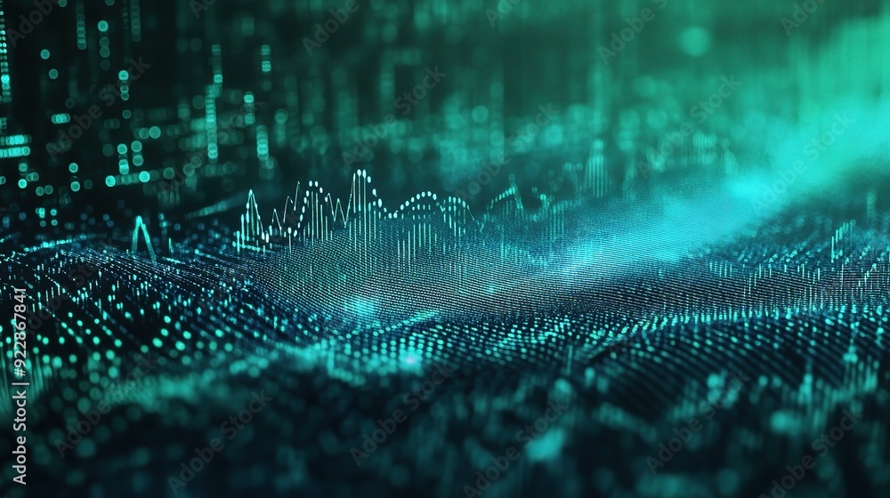 Poster digital wave: abstract teal data stream. a mesmerizing visualization of a flowing teal data stream, 