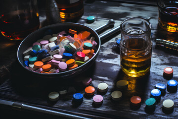 Pills of different sizes, shapes and colors, a glass of whiskey, drugs and syringes Concept of drugs and alcohol 
