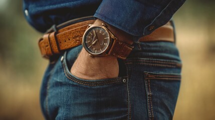 A person stands outdoors during sunset, wearing a stylish watch with a brown leather strap, hands in denim pockets, showcasing a relaxed fashion choice.