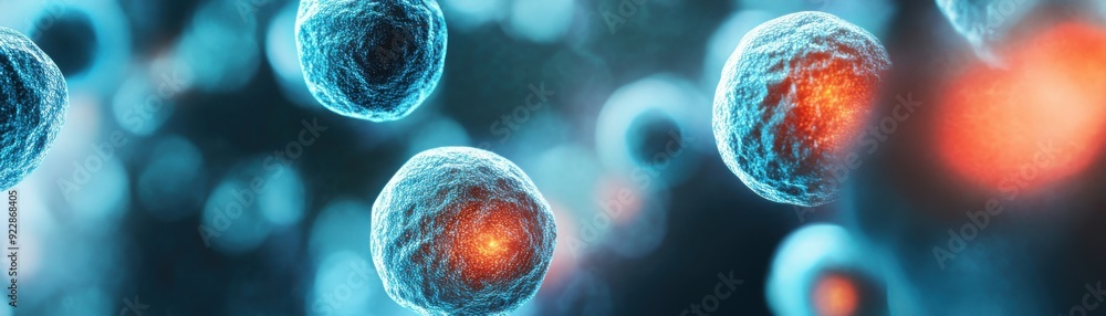 Poster close-up view of vibrant, glowing cells showcasing intricate structures and activity in a microscopi