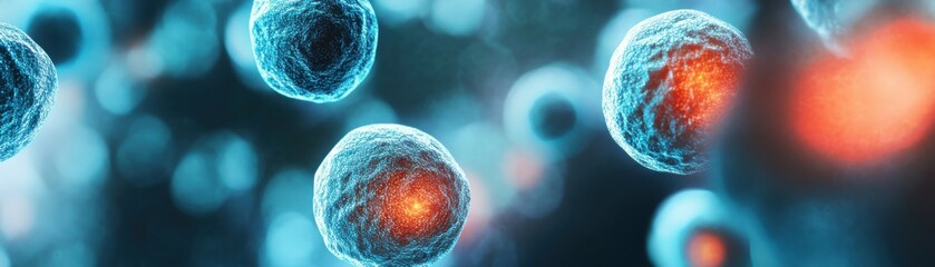 Close-up view of vibrant, glowing cells showcasing intricate structures and activity in a microscopic world.