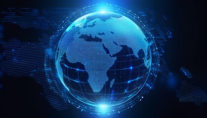 Illustration of a blue hologram globe with the world map, planet Earth sphere networking, global communication networks, Generative AI