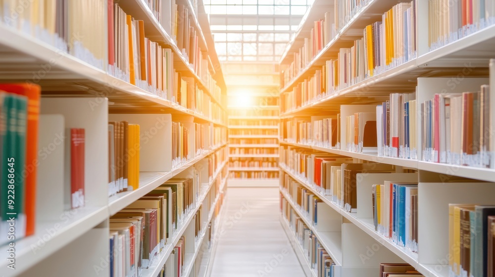 Poster sunlight streams through large windows, illuminating rows of colorful books on shelves