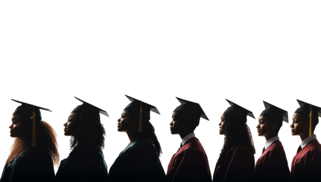 Silhouettes of a row on graduating students with graduate hats