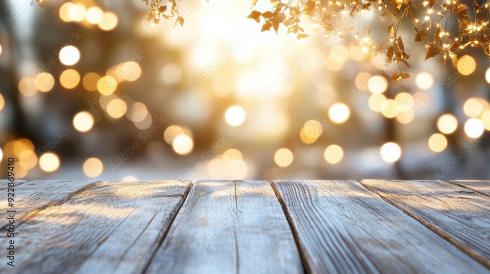 Poster a rustic wooden table is illuminated by soft bokeh lights, creating a peaceful atmosphere during sun