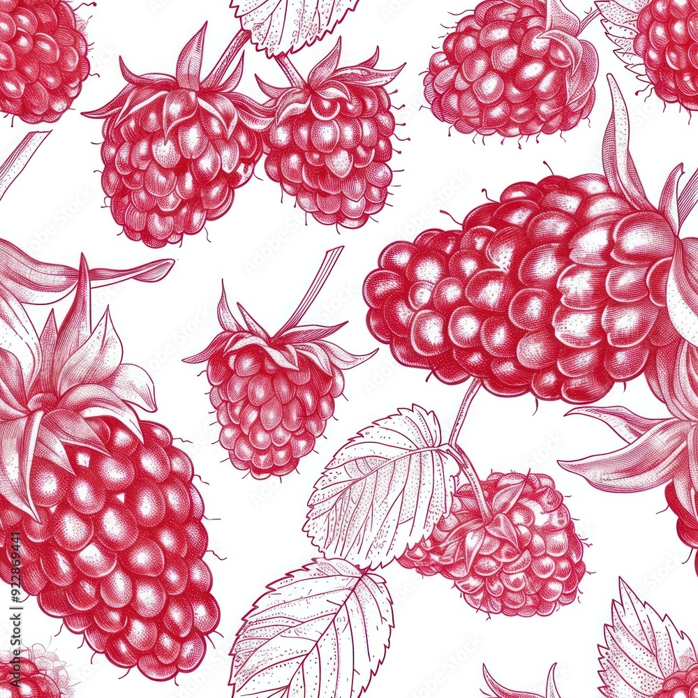 Canvas Prints A detailed illustration of raspberries with leaves on a white background.