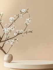 Geometric empty podium wooden platform stand for product presentation and spring flowering tree branch with white flowers on pastel beige background with generative ai