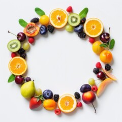 A circular arrangement of various fresh fruits on a white background.