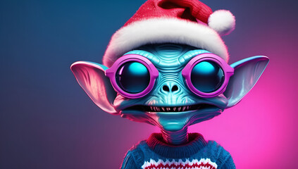 Cute Christmas alien wearing a sweater and Santa Hat room for copy holiday shopping