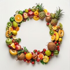 A vibrant circular arrangement of various fruits showcasing color and freshness.