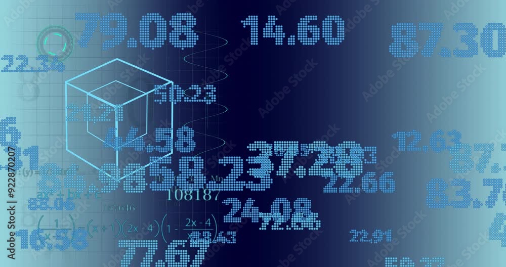 Poster mathematical equations and 3d cube animation over digital numbers background