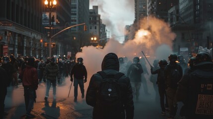 group of people in a demonstration at night with smoke or fog in the middle of a city in a riot