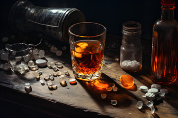 Several Prescription Drugs Spilled From Fallen Bottle Near Glass of Alcohol.