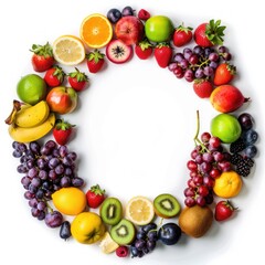 A circular arrangement of various colorful fruits on a white background.