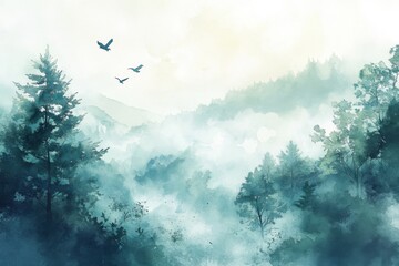 Watercolor painting of a foggy forest at sunrise, with birds flying in the sky.