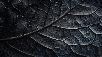 Macro shot detail of black leaves texture and veins on the leaf surface, showcasing intricate natural patterns. Suitable for botany-related subjects, nature photography, and abstract art.
