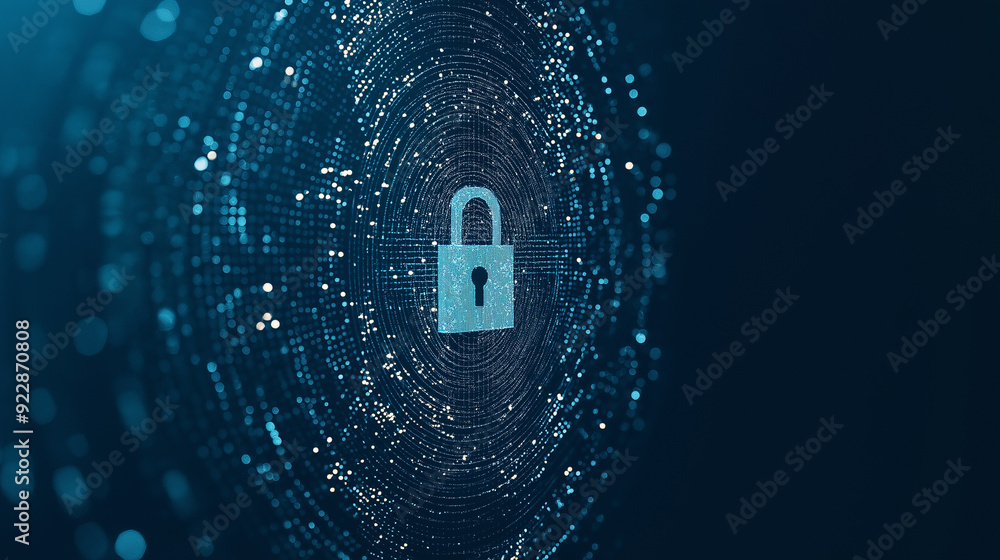 Poster digital background featuring pixelated padlock and data protection symbols on a blue digital screen,