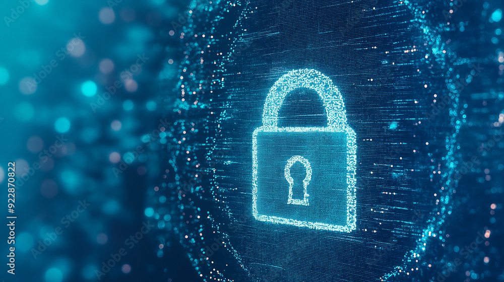 Poster digital background featuring pixelated padlock and data protection symbols on a blue digital screen,