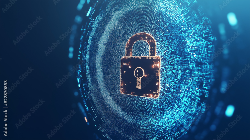 Poster digital background featuring pixelated padlock and data protection symbols on a blue digital screen,