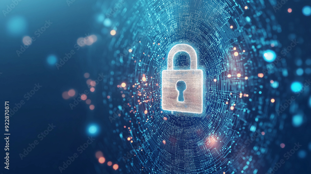 Poster digital background featuring pixelated padlock and data protection symbols on a blue digital screen,