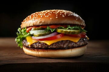 Fresh, delicious burgers with a beef patty, lettuce, onions, tomatoes and cucumbers. with generative ai
