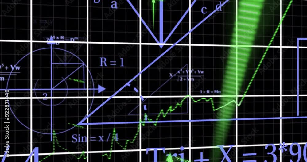 Poster animating mathematical equations and graphs over black grid background