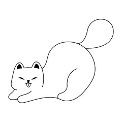 Linear illustration of a playful cat with a tongue in black color and on a transparent background
