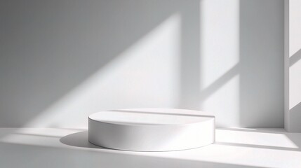 Minimalist Product Display: A simple yet elegant white podium bathed in soft, natural light streaming through a window, creating a serene and minimalist backdrop for showcasing your products. 