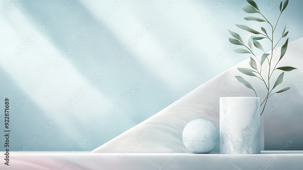 Poster minimalistic composition featuring a vase with leaves, a spherical object, and soft light creating a