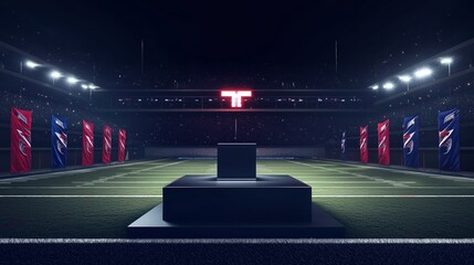 A photo of a 3D podium on a football field surrounded by team banners, isolated on a dark navy background
