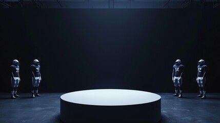 A photo of an empty 3D podium with football players in the background, isolated on a dark navy background