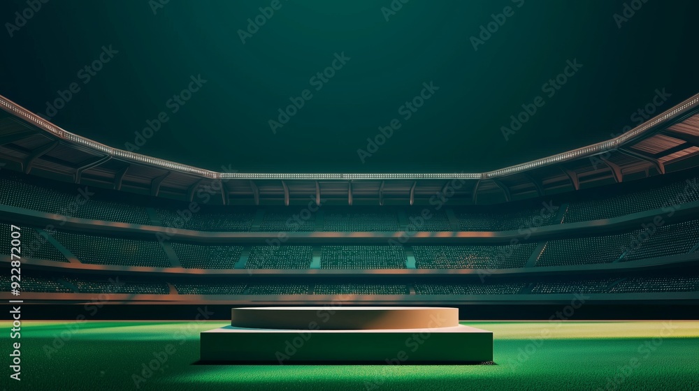 Poster a photo of an empty 3d podium with a view of the entire stadium and its vibrant seating, isolated on