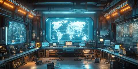 Futuristic cyborg research room showing world map hologram 