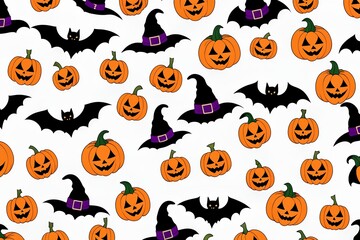 halloween seamless pattern, halloween background with pumpkin and bats, halloween icons set