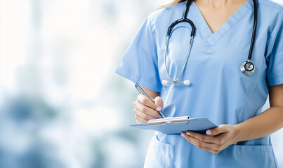 Dedicated nurse recording patient data, equipped with a clipboard and stethoscope, symbolizing meticulous care and professionalism in a bright hospital environment.
