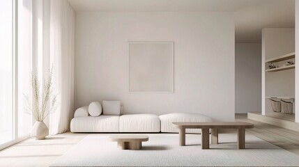 A minimalistic interior with neutral tones, clean lines, and simple furniture, exuding a modern and clutter-free atmosphere