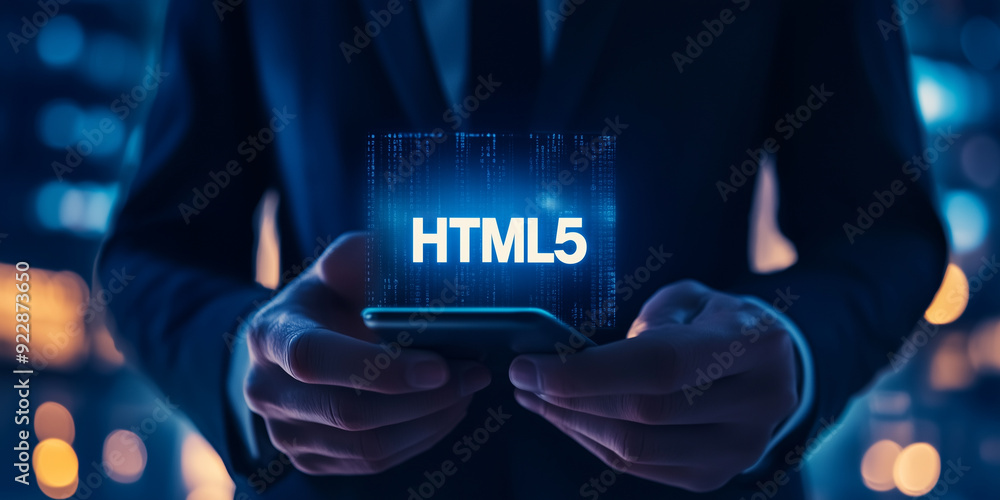 Poster business professional displays a holographic projection of 
