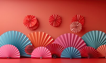 happy chinese new year 2023 year of the rabbit concept oriental asian style paper fans on red table minimal style.