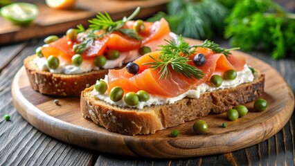 Freshly toasted whole wheat bread topped with smoked salmon, dollops of cream cheese, and garnished with fragrant dill and salty capers, evoking a delightful brunch setting.
