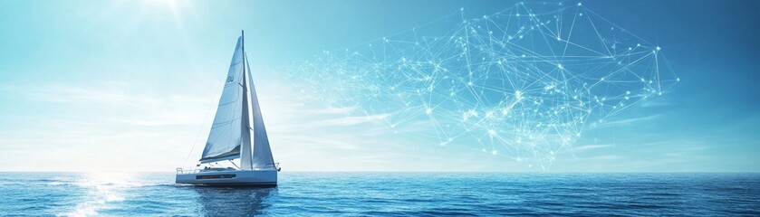 Fototapeta premium Futuristic Eco-Friendly Wind-Powered Sailboat with Digital Map Overlays Gliding Across Clear Ocean Waters