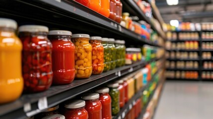 Diverse assortment of products and merchandise displayed on shelves in a grocery store or supermarket setting