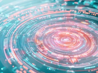 A futuristic holographic startup pitch, top view, showcasing visionary concepts, cybernetic tone, Analogous Color Scheme