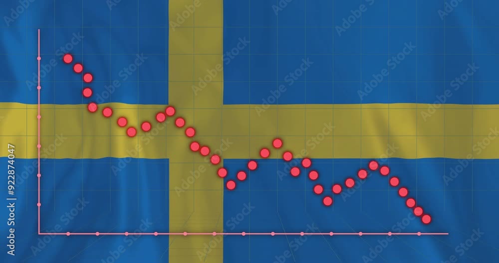 Poster graph with red dots showing downward trend animation over swedish flag background