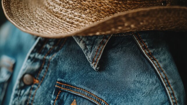 A close-up view of a denim jacket collar paired with a straw hat, showcasing a rustic, casual fashion aesthetic.