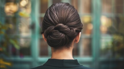 A person with a classic low chignon, featuring neatly twisted hair gathered at the nape of the neck, giving a timeless and elegant look