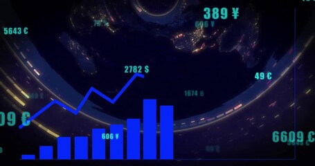 Financial data and bar graph animation over night view of Earth from space