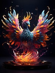 a stunningly detailed 3D render of a vibrant, glowing phoenix rising from a kaleidoscope of neon rainbow smoke, surrounded by an ethereal, crystal-like flame that radiates an otherworldly light