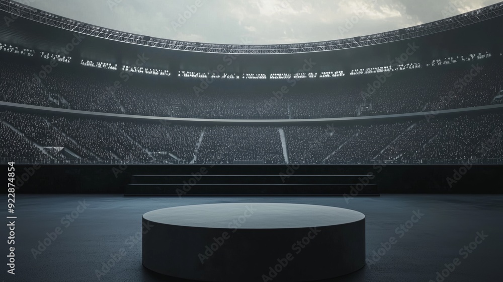 Poster a photo of an empty 3d podium with an aerial view of a packed stadium, isolated on a dark gray backg